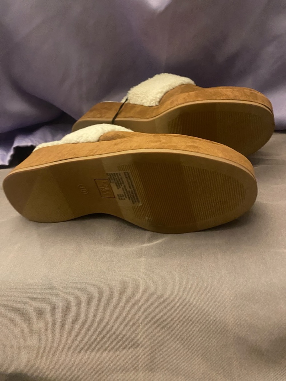 Time and Tru Chestnut Suede Slip-On Mules with Cream Shearling - Picture 2 of 4